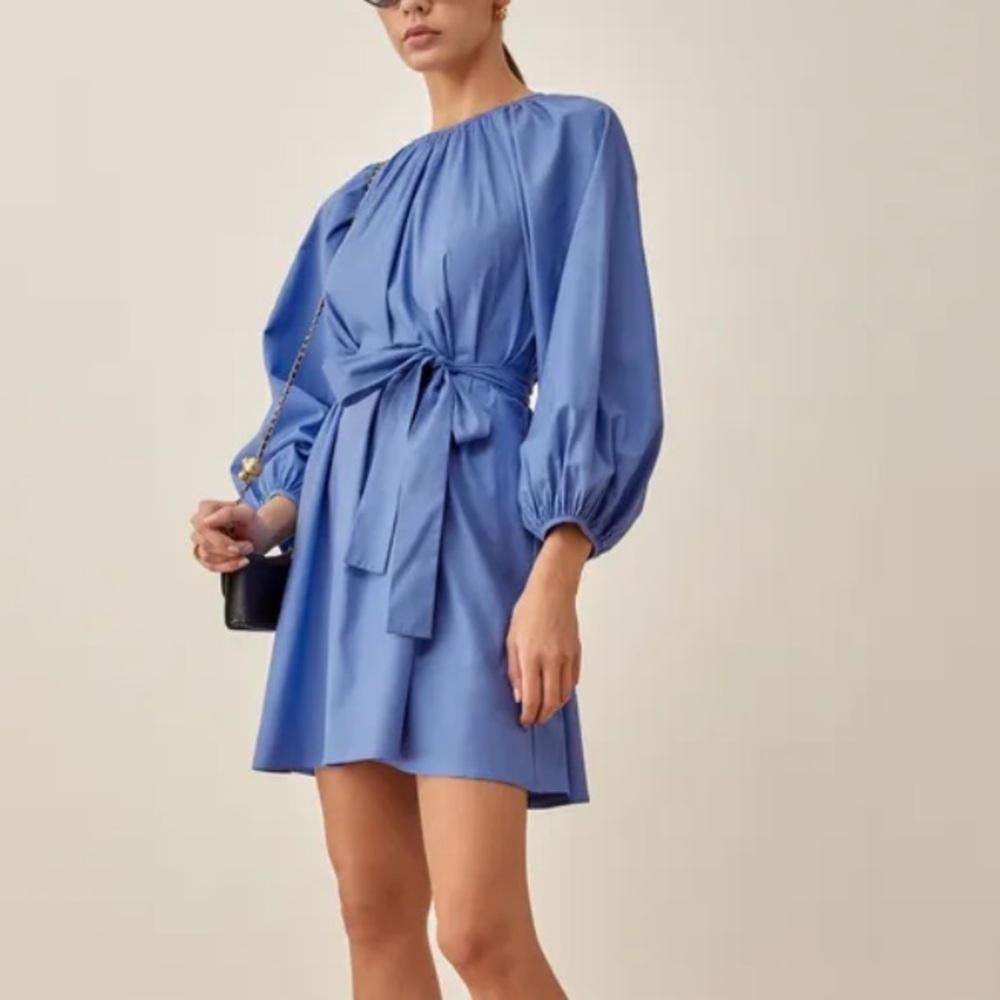 Reformation Blue Dusk Puff Long Sleeve Organic Cotton Belted Waist Rennae Dress - Picture 5 of 13